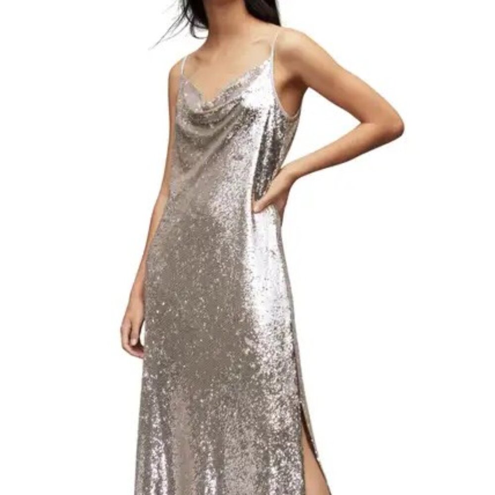 AllSaints sequin silver midi dress